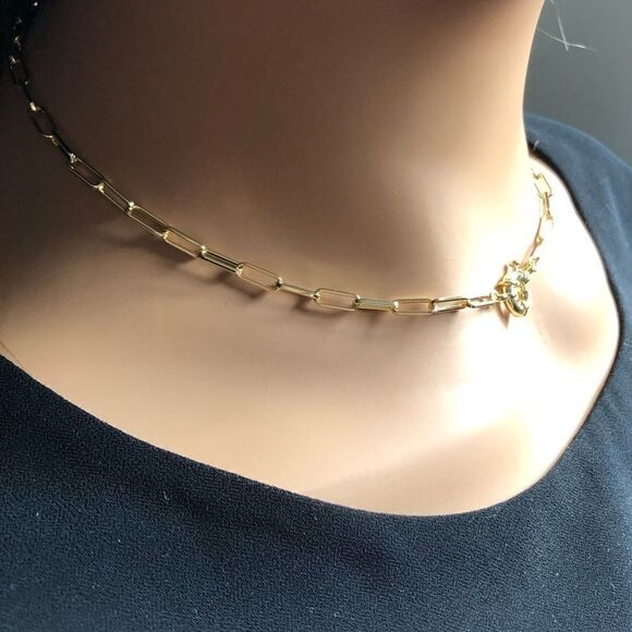 14k Gold Rectangle Link Toggle Choker Necklace - Picture 3 of 10